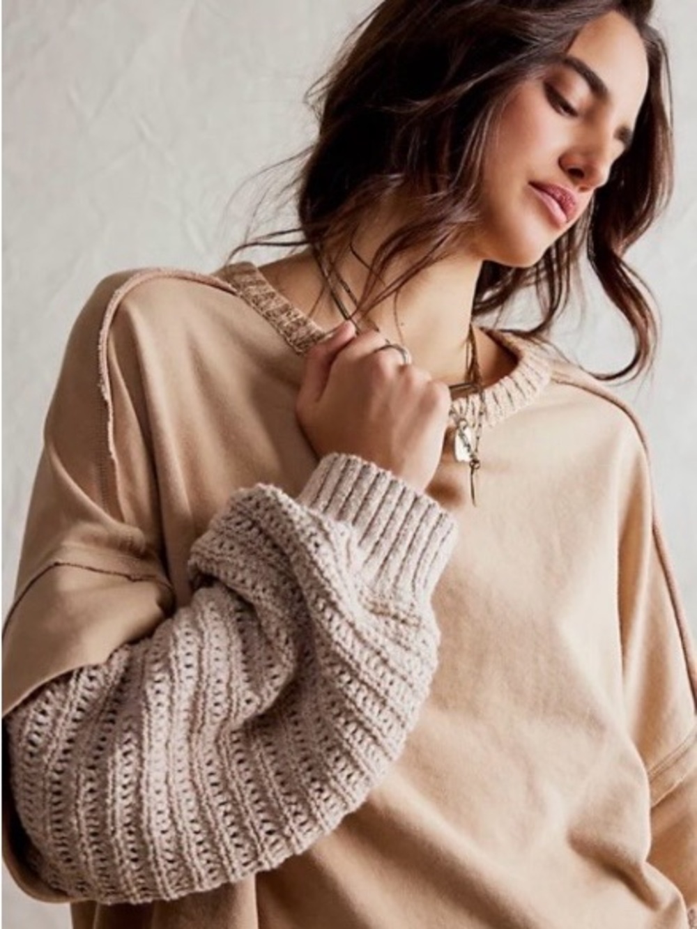 We The Free Two-Tone Cream & Tan Mixed-Media Crewneck Sweater Size XL - Picture 4 of 8